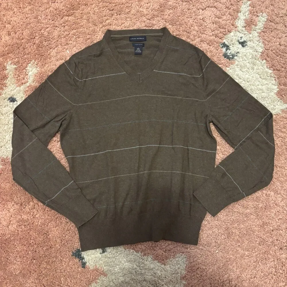 BANANA REPUBLIC Men's Sweater Brown V-Neck Silk Cashmere Luxury Blend Size L